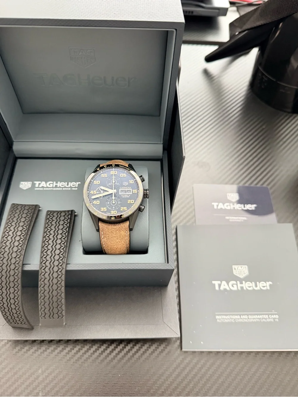 Tag Heuer Blue Dial Chronograph with Brown Leather Strap and Black Rubber Extras